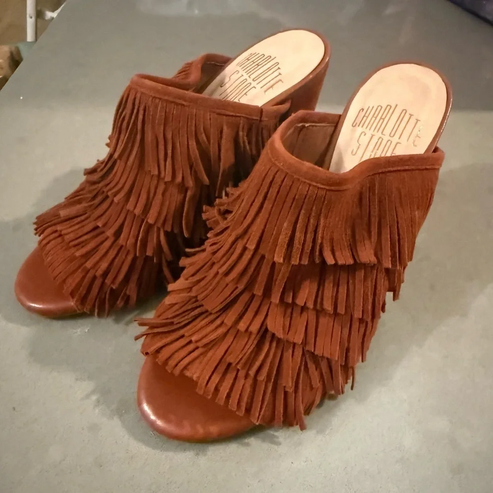 Charlotte Stone Morely Brown Fringe Mules Suede Boho 70s 6 - Picture 3 of 6